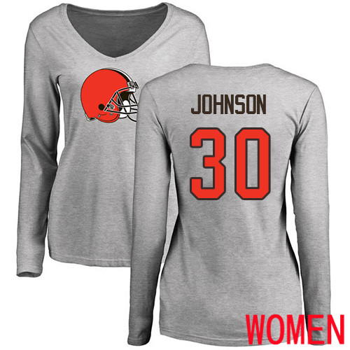 Cleveland Browns D Ernest Johnson Women Ash Jersey #30 NFL Football Name and Number Logo Long Sleeve T Shirt->women nfl jersey->Women Jersey